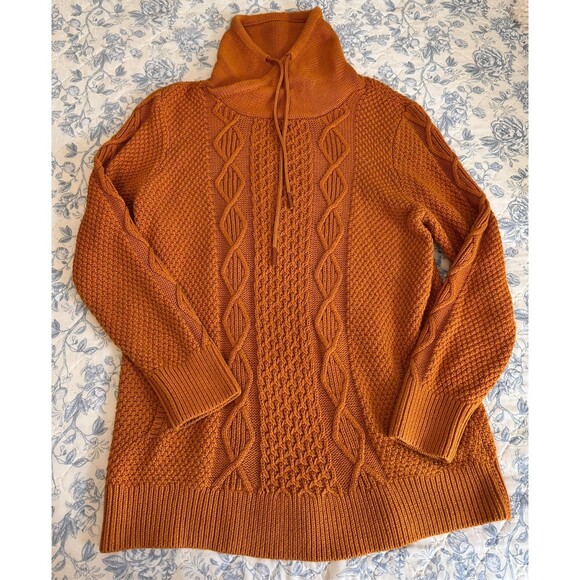 LL Bean Signature Women's Funnelneck Sweater Size XL Cable Knit Mustard Gold - Picture 3 of 9